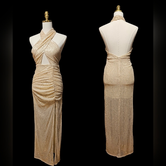 IDENTITY Sexy Elegant Gold Sequins Halter Dress Brandnew - Picture 1 of 6